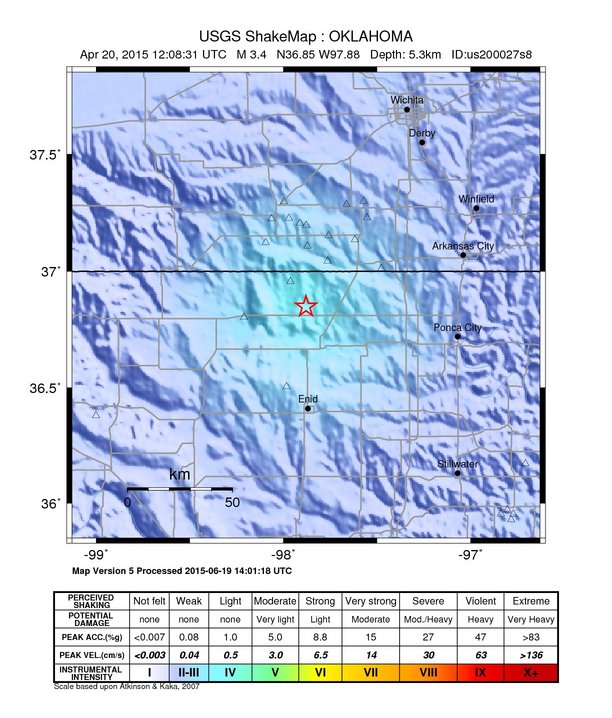 USGS ShakeMap: estimated shaking intensity around the epicenter