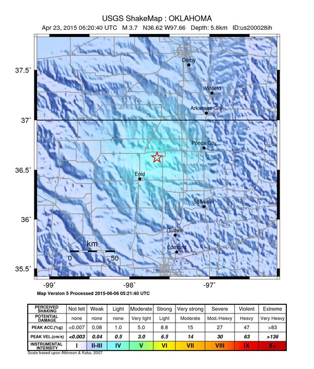 USGS ShakeMap: estimated shaking intensity around the epicenter