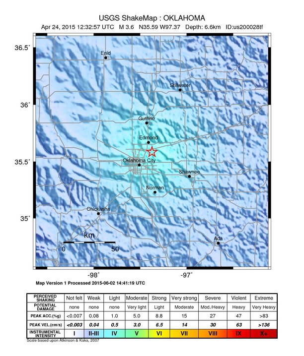 USGS ShakeMap: estimated shaking intensity around the epicenter