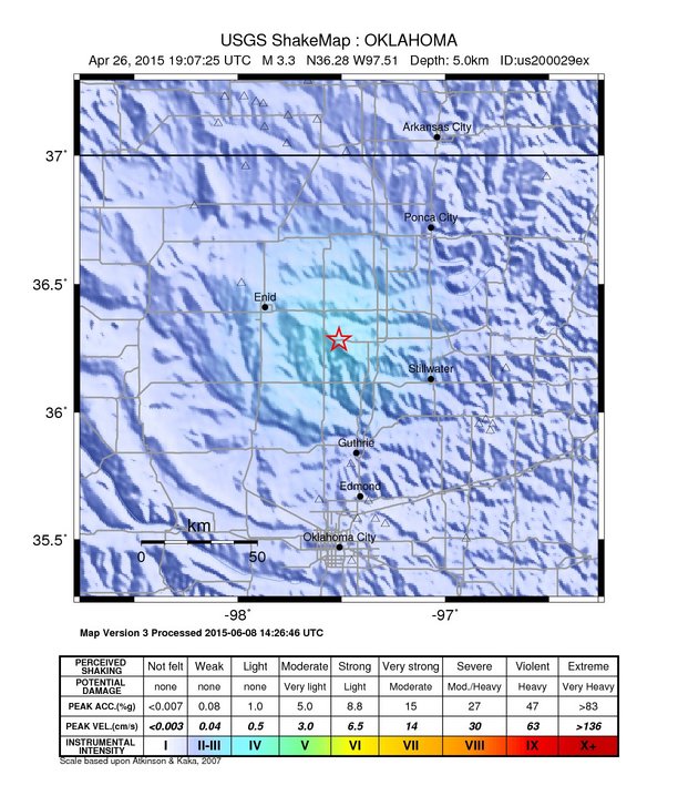 USGS ShakeMap: estimated shaking intensity around the epicenter