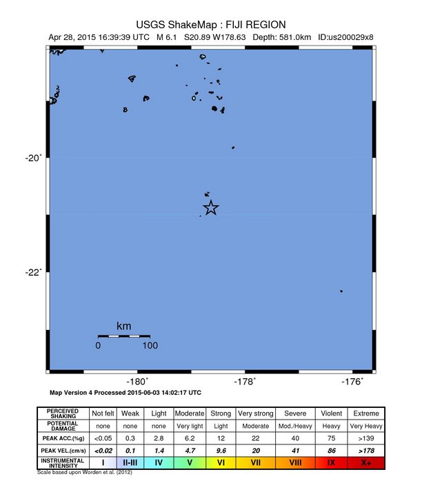 USGS ShakeMap: estimated shaking intensity around the epicenter