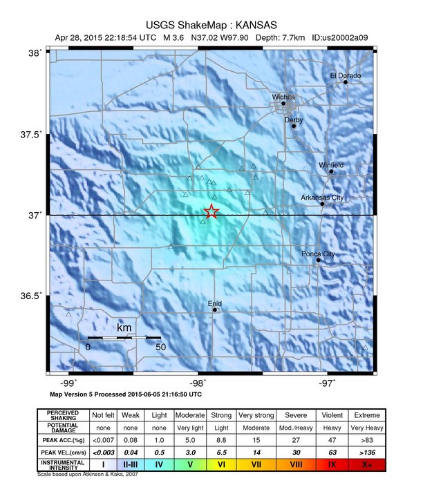 USGS ShakeMap: estimated shaking intensity around the epicenter