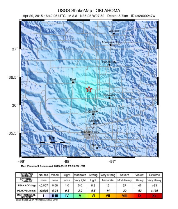 USGS ShakeMap: estimated shaking intensity around the epicenter