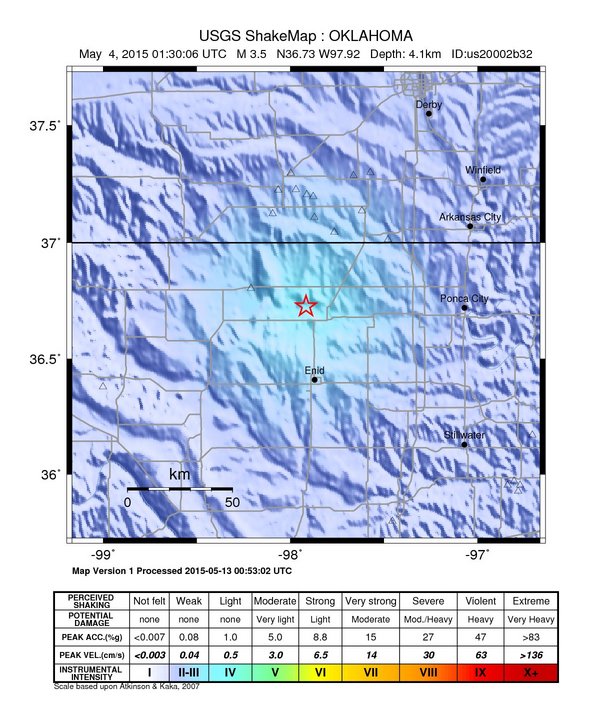 USGS ShakeMap: estimated shaking intensity around the epicenter