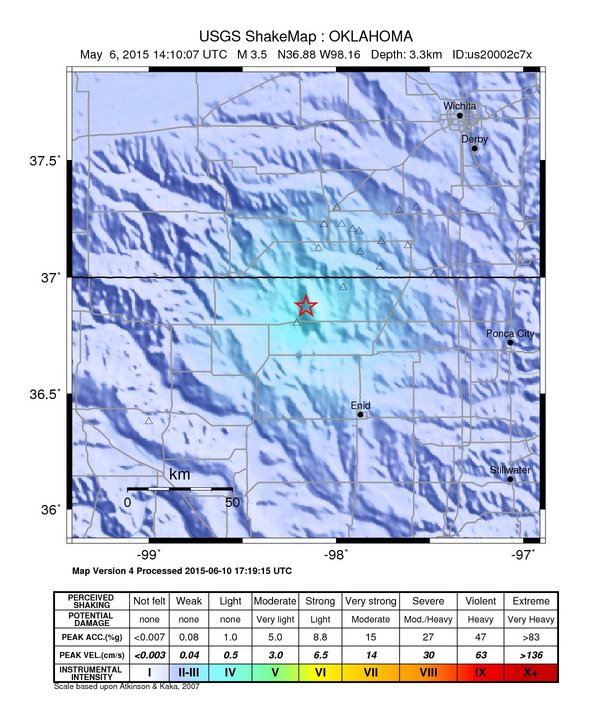 USGS ShakeMap: estimated shaking intensity around the epicenter