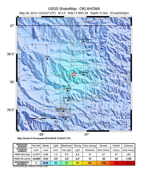 USGS ShakeMap: estimated shaking intensity around the epicenter
