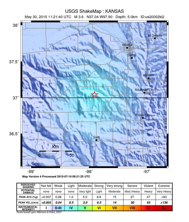 USGS ShakeMap: estimated shaking intensity around the epicenter