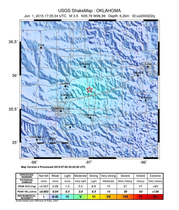USGS ShakeMap: estimated shaking intensity around the epicenter