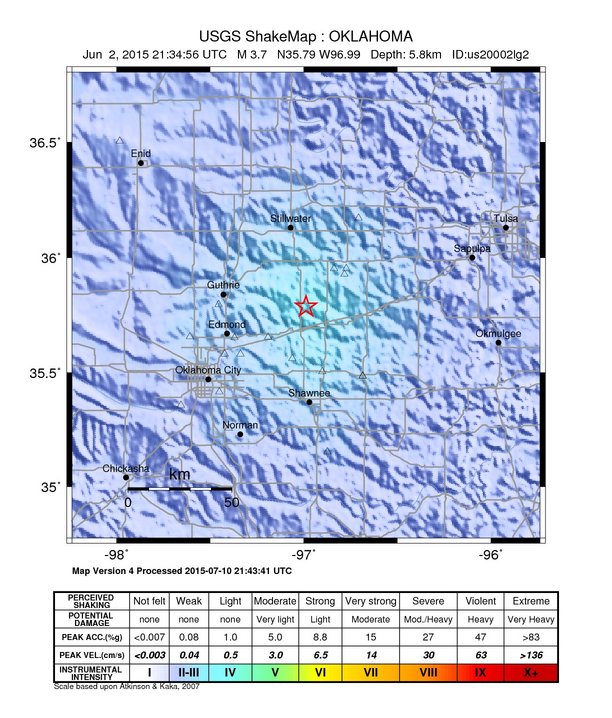 USGS ShakeMap: estimated shaking intensity around the epicenter