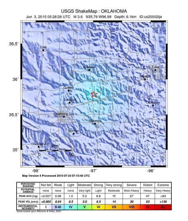 USGS ShakeMap: estimated shaking intensity around the epicenter