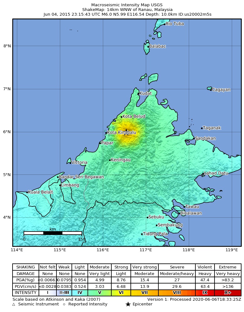 USGS ShakeMap: estimated shaking intensity around the epicenter