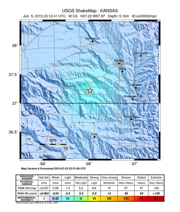 USGS ShakeMap: estimated shaking intensity around the epicenter