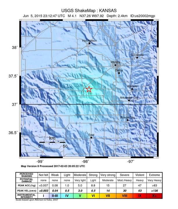 USGS ShakeMap: estimated shaking intensity around the epicenter