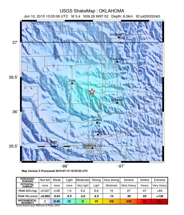 USGS ShakeMap: estimated shaking intensity around the epicenter