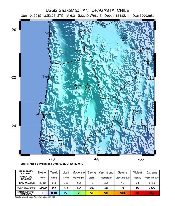 USGS ShakeMap: estimated shaking intensity around the epicenter