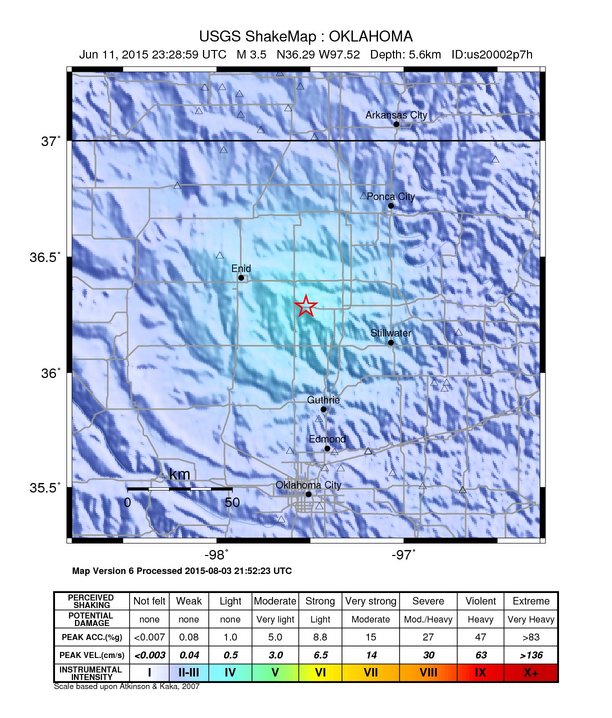 USGS ShakeMap: estimated shaking intensity around the epicenter