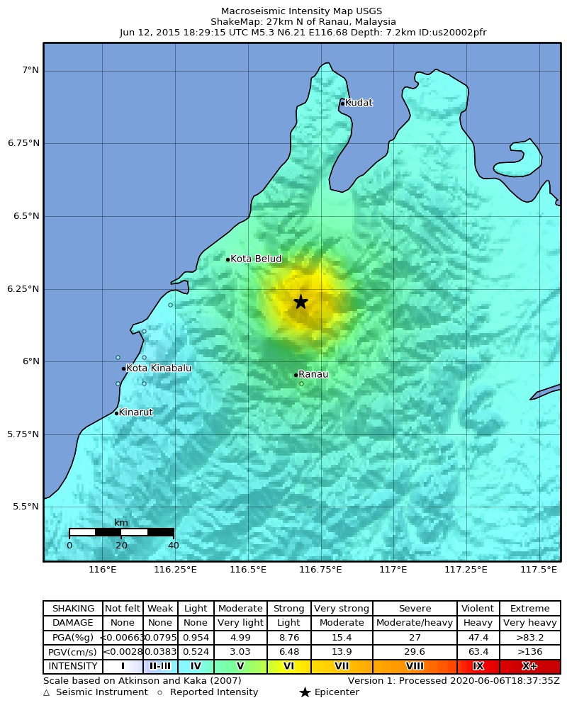 USGS ShakeMap: estimated shaking intensity around the epicenter