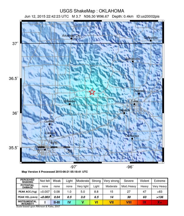 USGS ShakeMap: estimated shaking intensity around the epicenter