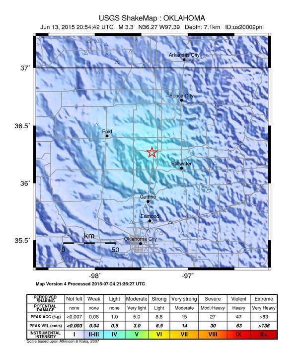 USGS ShakeMap: estimated shaking intensity around the epicenter
