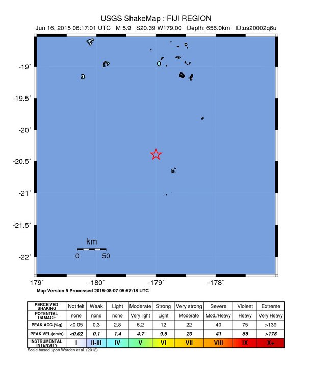 USGS ShakeMap: estimated shaking intensity around the epicenter