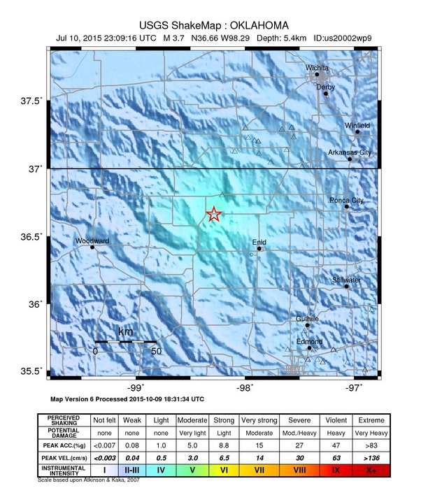 USGS ShakeMap: estimated shaking intensity around the epicenter