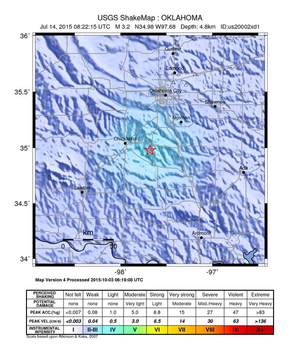 USGS ShakeMap: estimated shaking intensity around the epicenter