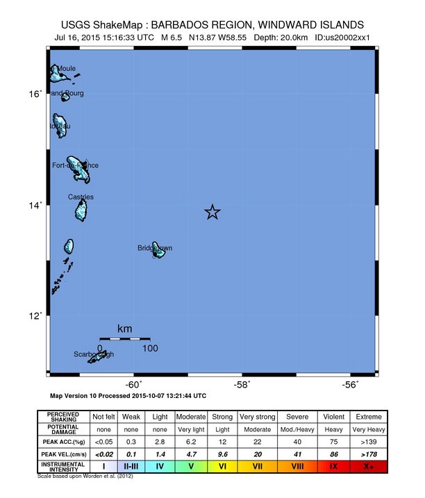 USGS ShakeMap: estimated shaking intensity around the epicenter