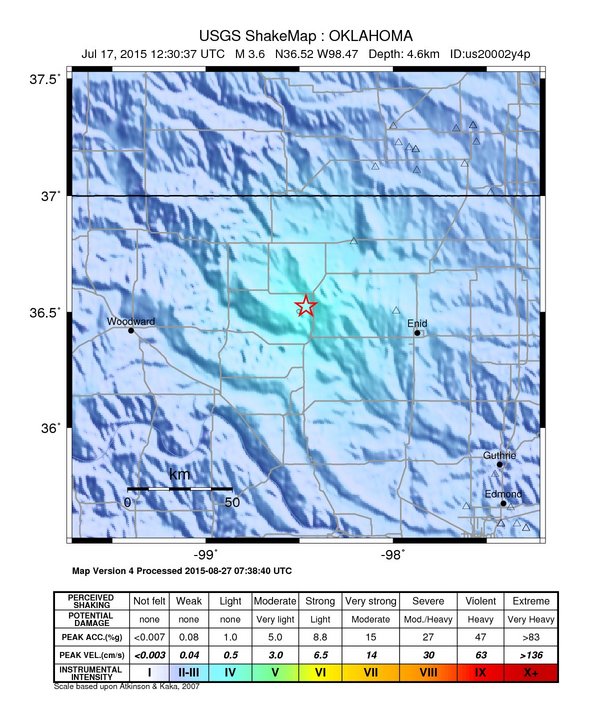 USGS ShakeMap: estimated shaking intensity around the epicenter