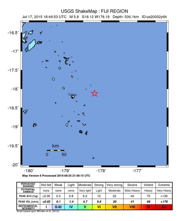 USGS ShakeMap: estimated shaking intensity around the epicenter