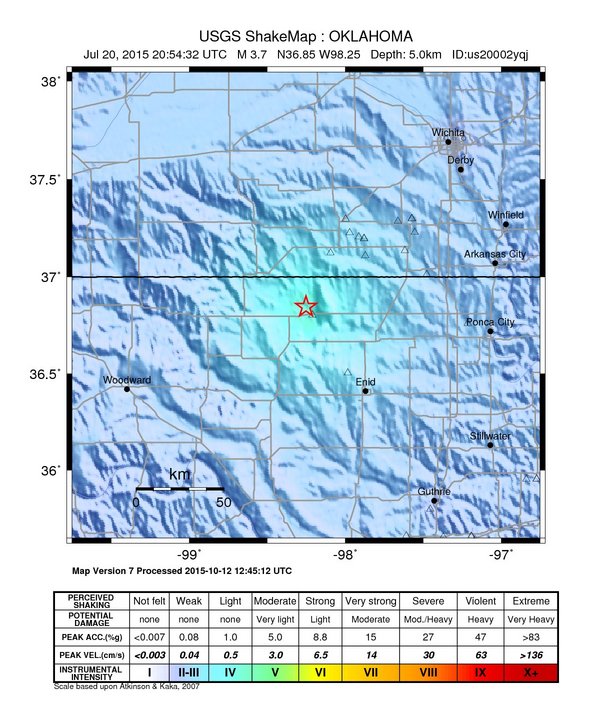 USGS ShakeMap: estimated shaking intensity around the epicenter
