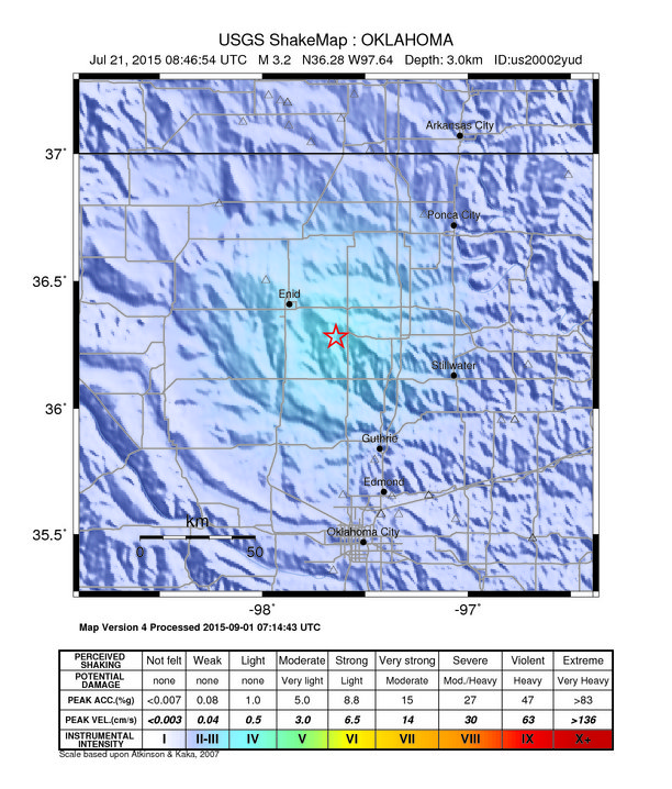 USGS ShakeMap: estimated shaking intensity around the epicenter