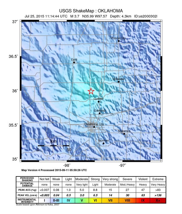 USGS ShakeMap: estimated shaking intensity around the epicenter
