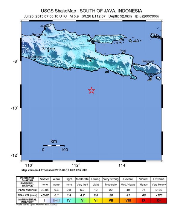 USGS ShakeMap: estimated shaking intensity around the epicenter