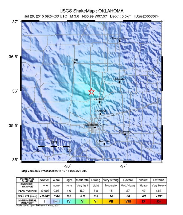 USGS ShakeMap: estimated shaking intensity around the epicenter