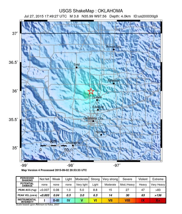 USGS ShakeMap: estimated shaking intensity around the epicenter