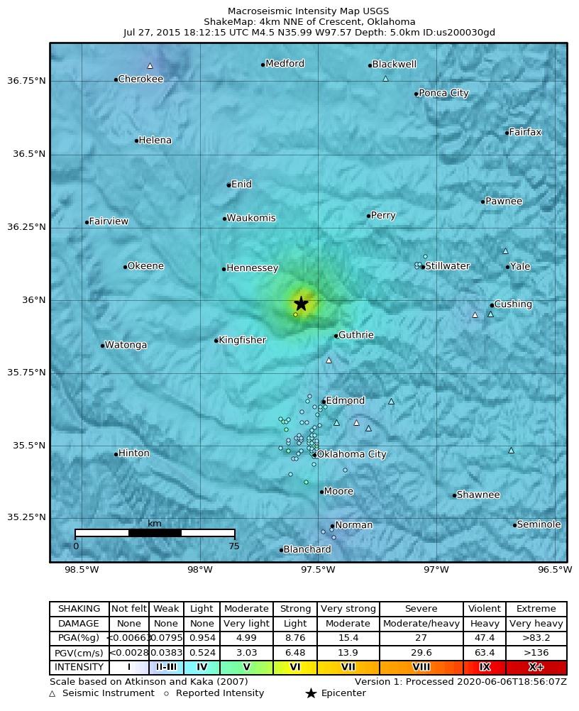 USGS ShakeMap: estimated shaking intensity around the epicenter