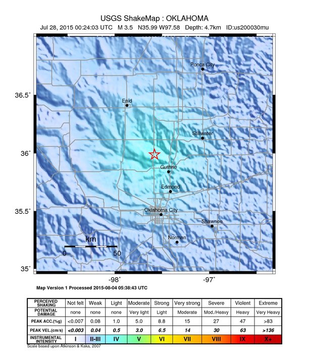 USGS ShakeMap: estimated shaking intensity around the epicenter
