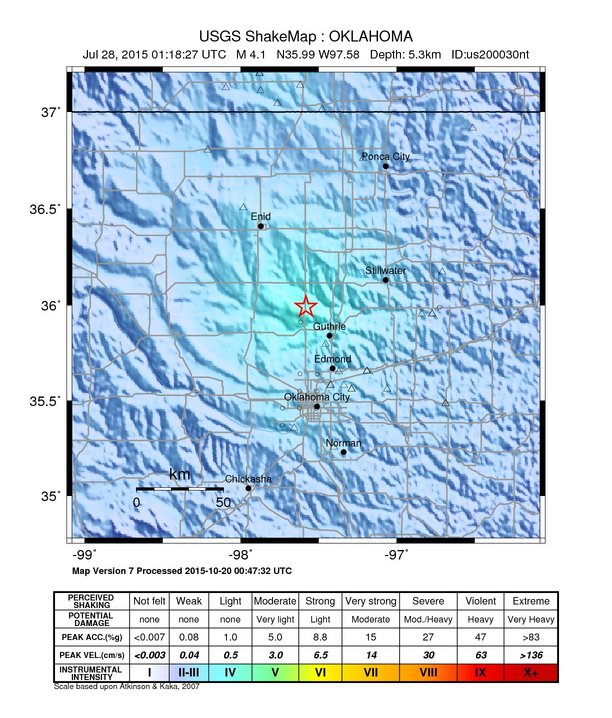 USGS ShakeMap: estimated shaking intensity around the epicenter