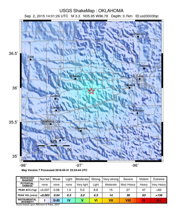 USGS ShakeMap: estimated shaking intensity around the epicenter