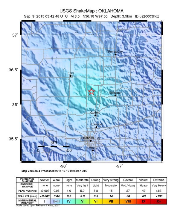 USGS ShakeMap: estimated shaking intensity around the epicenter