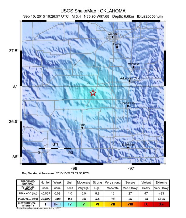 USGS ShakeMap: estimated shaking intensity around the epicenter
