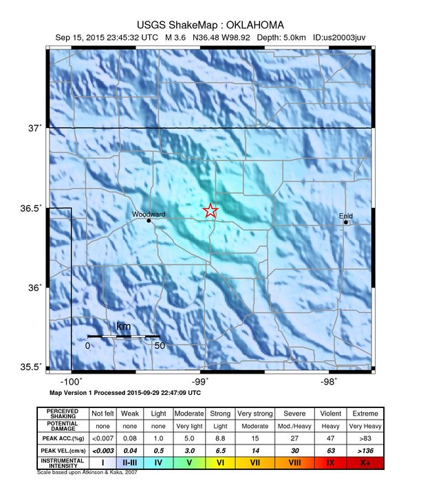 USGS ShakeMap: estimated shaking intensity around the epicenter