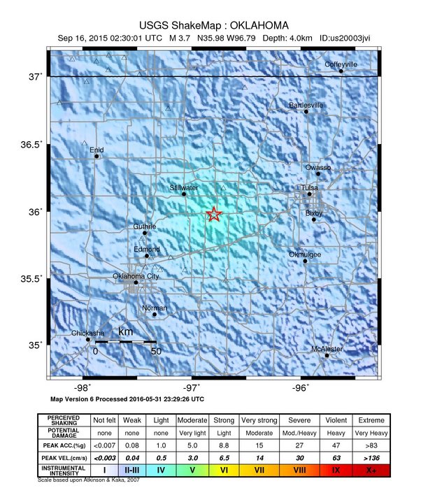 USGS ShakeMap: estimated shaking intensity around the epicenter