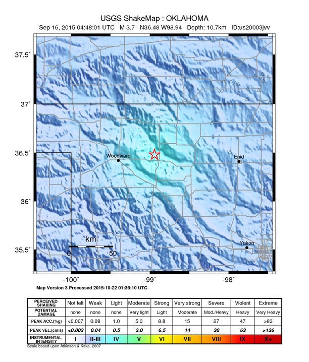 USGS ShakeMap: estimated shaking intensity around the epicenter