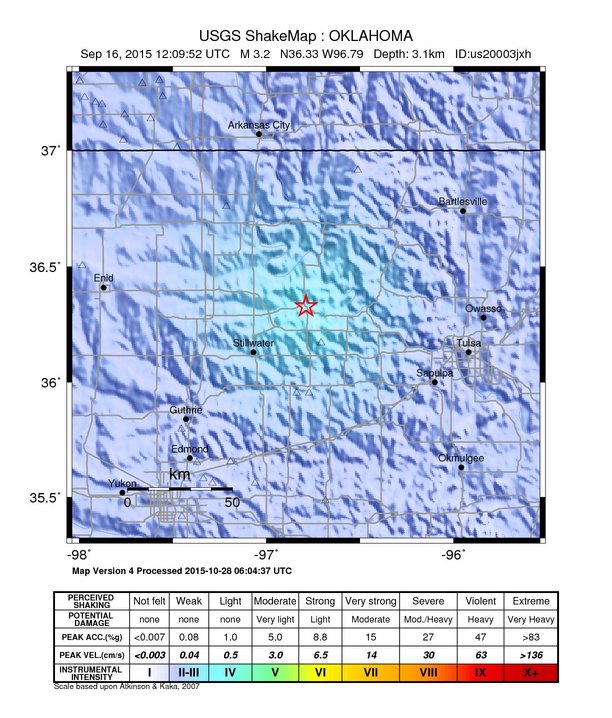 USGS ShakeMap: estimated shaking intensity around the epicenter