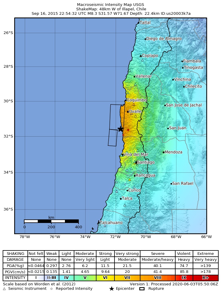 USGS ShakeMap: estimated shaking intensity around the epicenter
