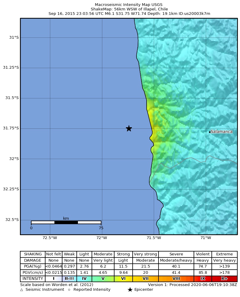 USGS ShakeMap: estimated shaking intensity around the epicenter