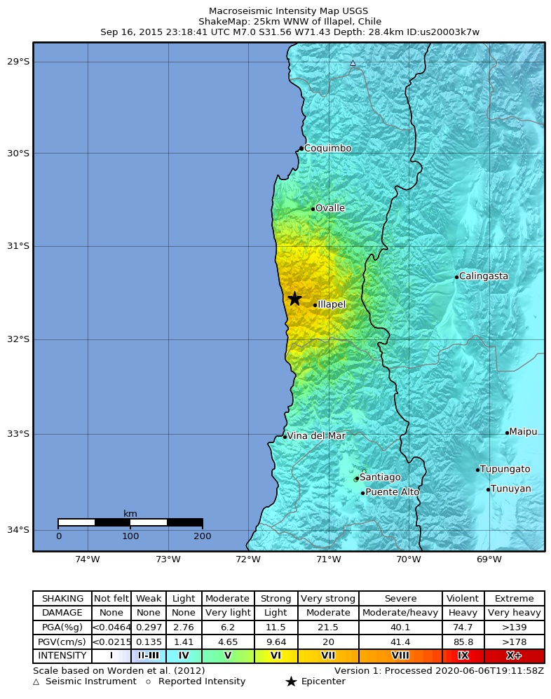 USGS ShakeMap: estimated shaking intensity around the epicenter