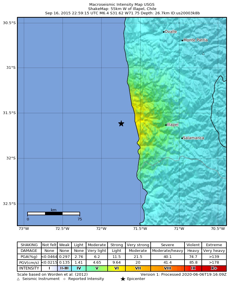 USGS ShakeMap: estimated shaking intensity around the epicenter