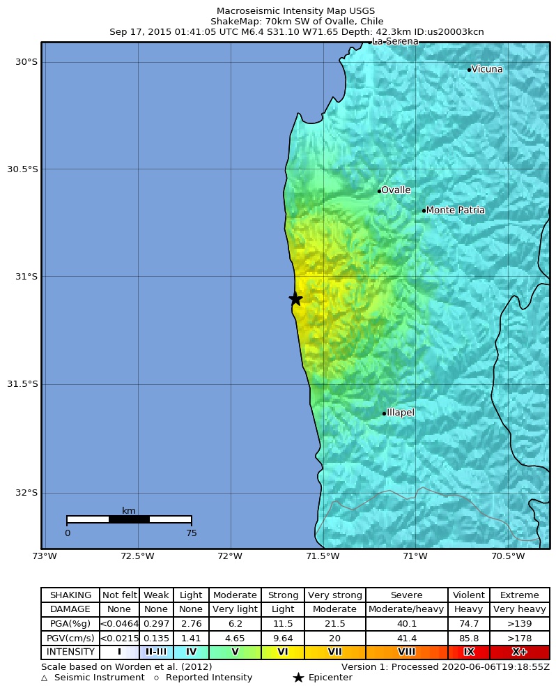 USGS ShakeMap: estimated shaking intensity around the epicenter